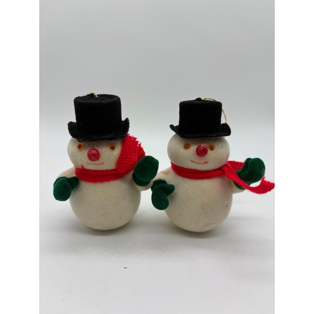 Set of 2 Plush Snowman Figurines Red Scarf, Green Mittens Christmas Decor